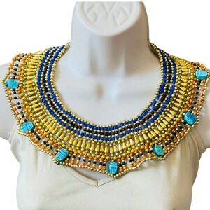 Egyptian revival Pharaoh Scarab Necklace VtG gold blue Beaded Statement chunky
